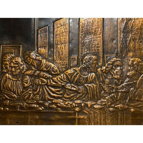 Da Vinci 'The Last Supper' in Copper Metal Tooled Relief German Art Picture Vint - Picture 5 of 6